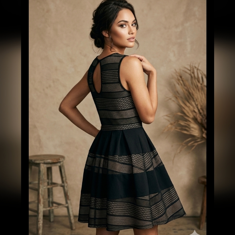 Crystal Doll Black and Tan Mesh Midi Dress Size 7